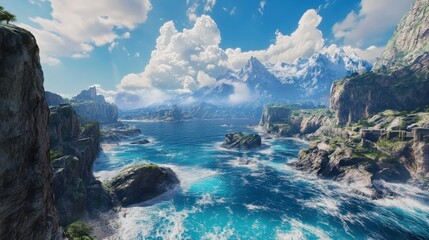 Obraz premium Coastal Cliffs And Mountains Meet Turquoise Ocean Waters