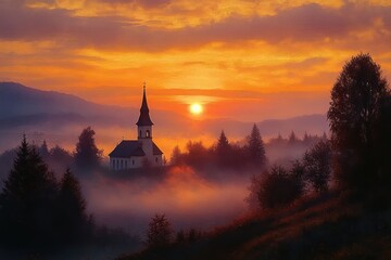 Obraz premium Serene Sunrise Over Misty Hills and Church Silhouette with Warm Orange and Pink Sky