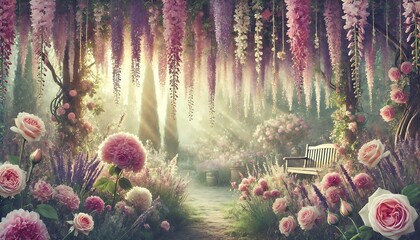 romantic garden background with hanging wisteria, lavender, and roses, creating a dreamy and ethereal atmosphere. Generative AI