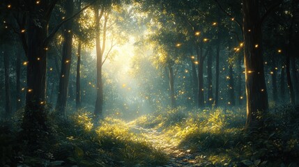 Obraz premium Magical Forest Scene with Soft Light Fairy Fireflies and Lush Greenery