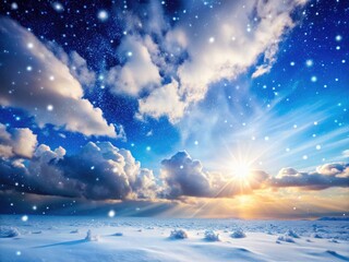 Snowy clouds drift, snowflakes fall, a breathtaking winter scene.