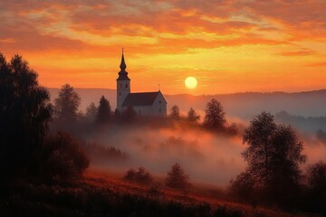 Sunrise Over Misty Hills with Church Silhouette in Autumn Colors and Dreamlike Fog