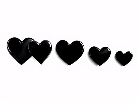 Black hearts in a row oThree black hearts, stitched, simplen a white background.