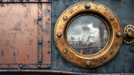 Obraz premium A bold steampunk window with gears and brass accents, overlooking a smoky industrial landscape, 