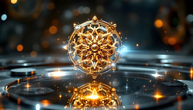 Intricate golden gear with reflective floor - symbolizes precision and achievement - suitable for corporate award events or luxury branding media,
