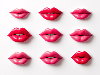Nine pairs of glossy red lips in various expressive poses, evoking sensuality and allure.