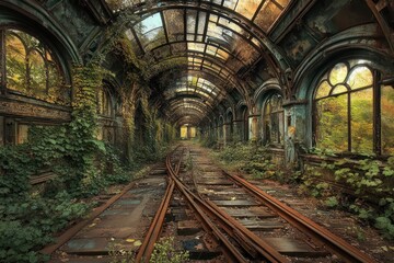Overgrown train tracks in abandoned glasshouse