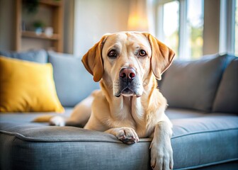 Tilt-shift effect enhances the cuteness of a Labrador lounging gently on a modern sofa.