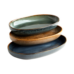 Stack of Three Large Oval Ceramic Platters Isolated on Transparent Background