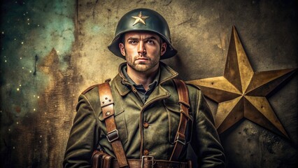 Fototapeta premium Vintage military attire, star buckles shine, surreal soldier photography captures retro grit.