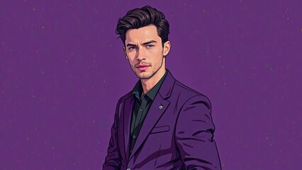 A dashing young man in a rich purple suit poses solemnly against a lavish backdrop of deep, regal purple and tiny golden accents shimmering like stars