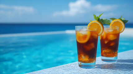 Two Iced Tea Drinks with Orange Slices and Mint by a Sparkling Blue Pool on a Sunny Day
