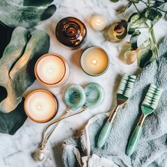 Relaxing spa setting with candles, jade rollers, and brushes.