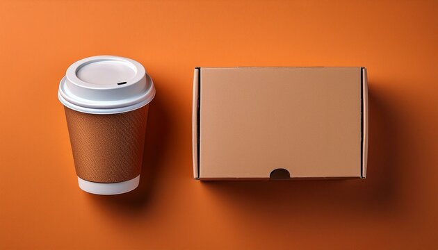 Top view disposable paper cup with plastic lid and cardboard box mock up on orange background. Generated image