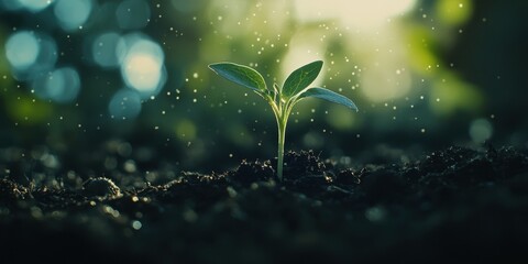 Growing seedling sprouts in fertile soil. concept of growth and environmental sustainability