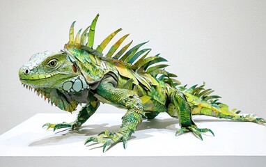 Fototapeta premium An iguana with vivid green scales and spikes detailed on a clean white surface