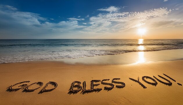 砂浜に書かれた祝福の言葉god bless you。背景は青い空と海の風景。aiで生成