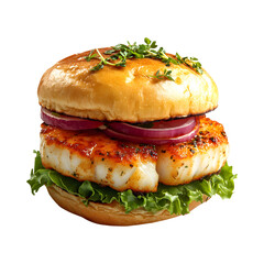 Lemon Herb Cod Burger Sandwich Isolated on Transparent Background