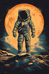 Fototapeta premium An astronaut stands on a lunar surface with a large, glowing moon in the background.
