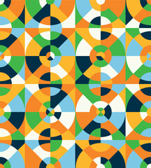 Pattern of circles and geometric figures on orange, green and blue colors, vector print design