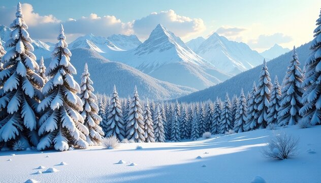 Frosty forest landscape with snow-covered trees and Khibiny Mountains in the background, forest landscape, forest
