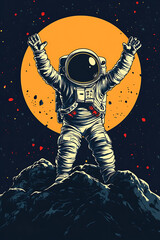 An astronaut stands triumphantly on a rocky surface with a large moon in the background.