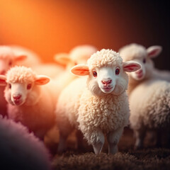 Fototapeta premium Group of Lambs with a Sunset Backdrop