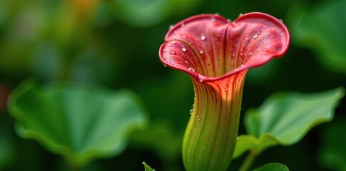 Fototapeta premium Macro shot of Nepenthes alata alatus pitcher with dew drops, leaves, green