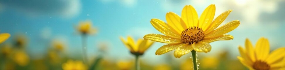 Morning dew glistening on yellow petals of the sky flower, sky, wet, clean
