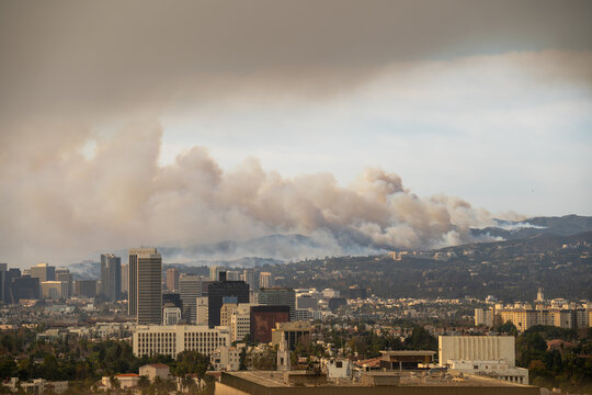 Wildfire in Pacific Palisades, Los Angeles, January 8, 2025, towards Getty Center and Brentwood. Images showcase dense smoke clouds, burning hillsides, and urban areas at risk. 2pm - 3pm.