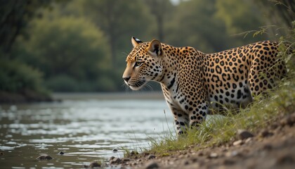 Obraz premium Majestic Leopard by Riverbank Wildlife Nature Big Cat Spotting Predatory Animal