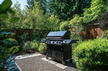 Modern Outdoor Grill in a Lush Garden Setting Surrounded by Vibrant Greenery and Trees, Perfect for Summer Barbecues and Outdoor Entertaining Moments
