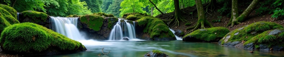 Fototapeta premium Serene waterfall cascades over moss-covered rocks in a lush forest background, calm, scenery