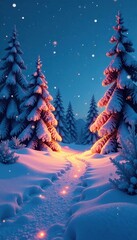 Snowflake covered winter landscape with frosty trees and twinkling lights, frost, night