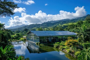 Tropical Greenhouse Solar Panels Mountain Reflection