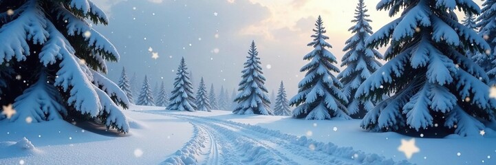 Obraz premium Snowflakes gently fall onto a blanket of snow-covered trees, falling, icy