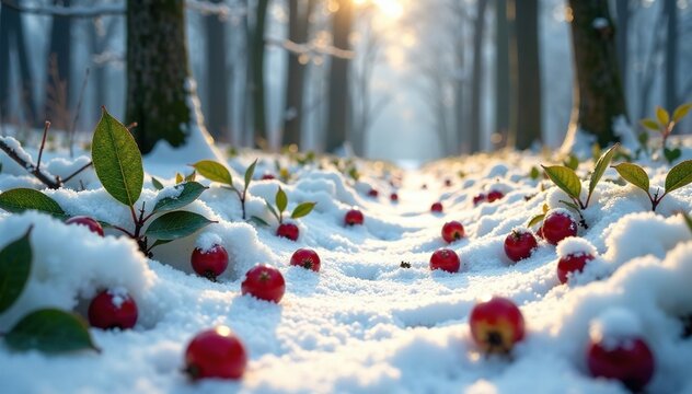 Snowy forest floor with white baneberry Actaea Alba berries, berries, winter