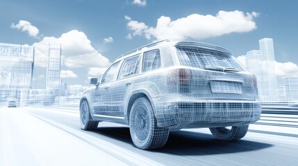 3D wireframe model of an SUV in a cityscape.