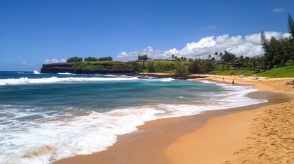 Fototapeta premium Scenic beach view with waves and greenery.