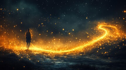 Silhouette of person gazing at a magical glowing path in the night.