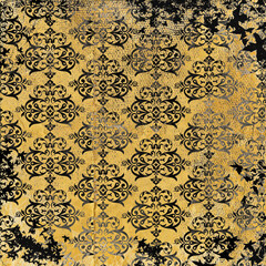 Distressed yellow and black grunge damask pattern with textured effects. Ideal for edgy backgrounds, alternative design projects, posters, and artistic decor.