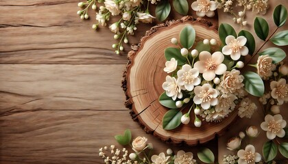 Natural woodgrain texture background with greenery garlands and soft white flowers for a rustic theme