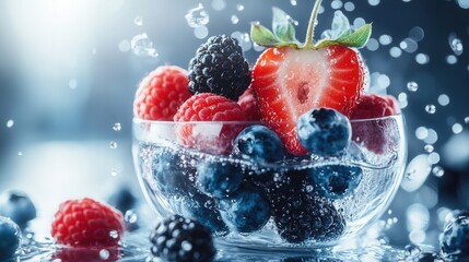 Fresh mixed berries splashing in water. Ideal for healthy eating, diet, and refreshment promotions. Use for websites, social media, and print.