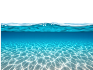 Blue water surface with sandy ocean bottom, isolated on transparent background