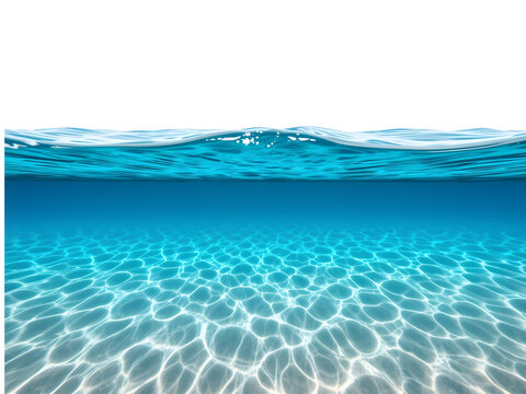 Blue water surface with sandy ocean bottom, isolated on transparent background