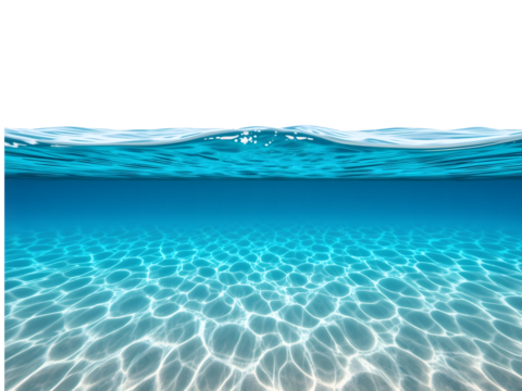 Blue water surface with sandy ocean bottom, isolated on transparent background
