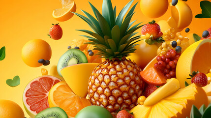 3D Rendered Fruits Explode in Vibrant Arrangement with a Pineapple Centerpiece Dynamically on Orange Background