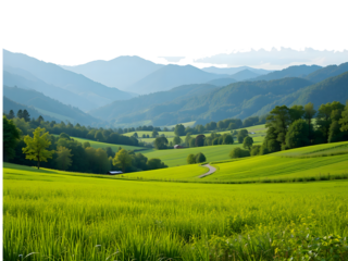 Countryside landscape with green field and mountains on background isolated on transparent background