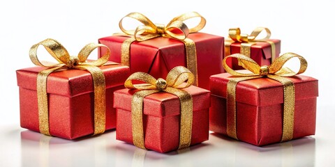 Festive Red Gift Boxes with Golden Ribbons - Low Light Photography Stock Photo