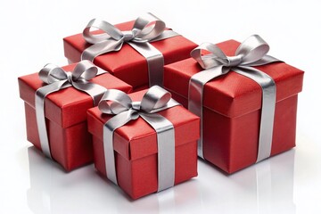 Obraz premium Festive Red Gift Boxes with Gray Bows on White Background - Perfect for Holiday Packaging and Design